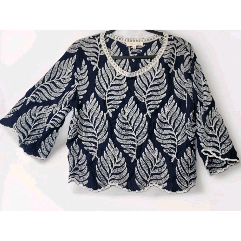 Solitaire Navy Blue Blouse‎ Med White Embroidery Bell Sleeves 100% Rayon Boho